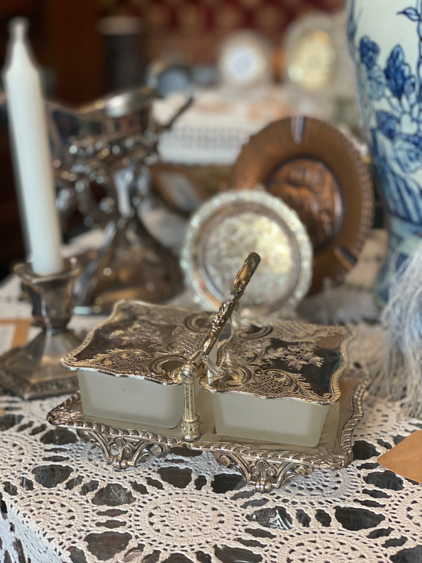 Vintage Silver-Plated Double Salt Cellar Server