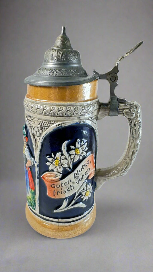 Vintage Guten Mutes Frisch Voran German Lidded Beer Stein