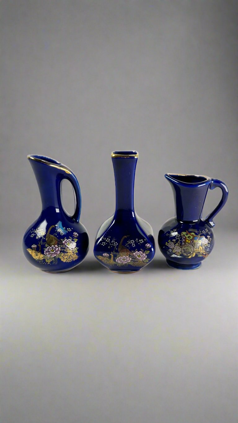 Vintage Japanese Style Cobalt Blue Vase Set