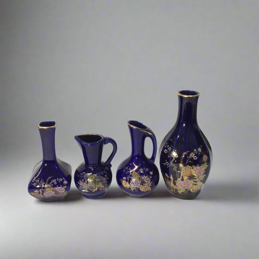 Vintage Japanese Style Cobalt Blue Vase Set