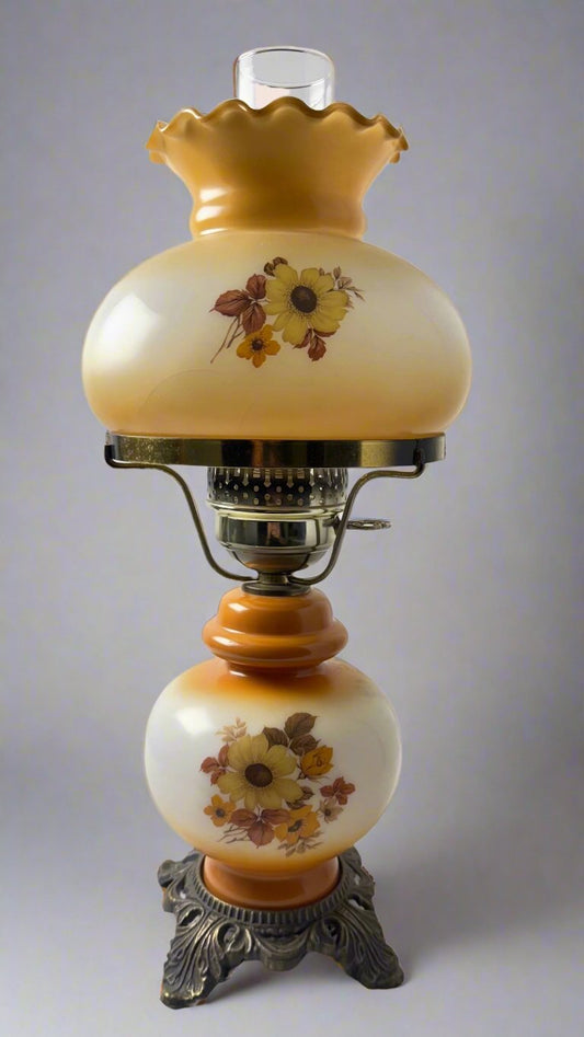 Vintage Hurricane Table Lamp with Autumn Flower