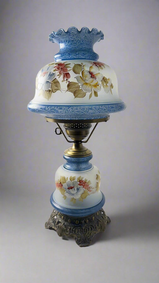 Vintage Hurricane Lamp Hand Painted Blue and White Floral